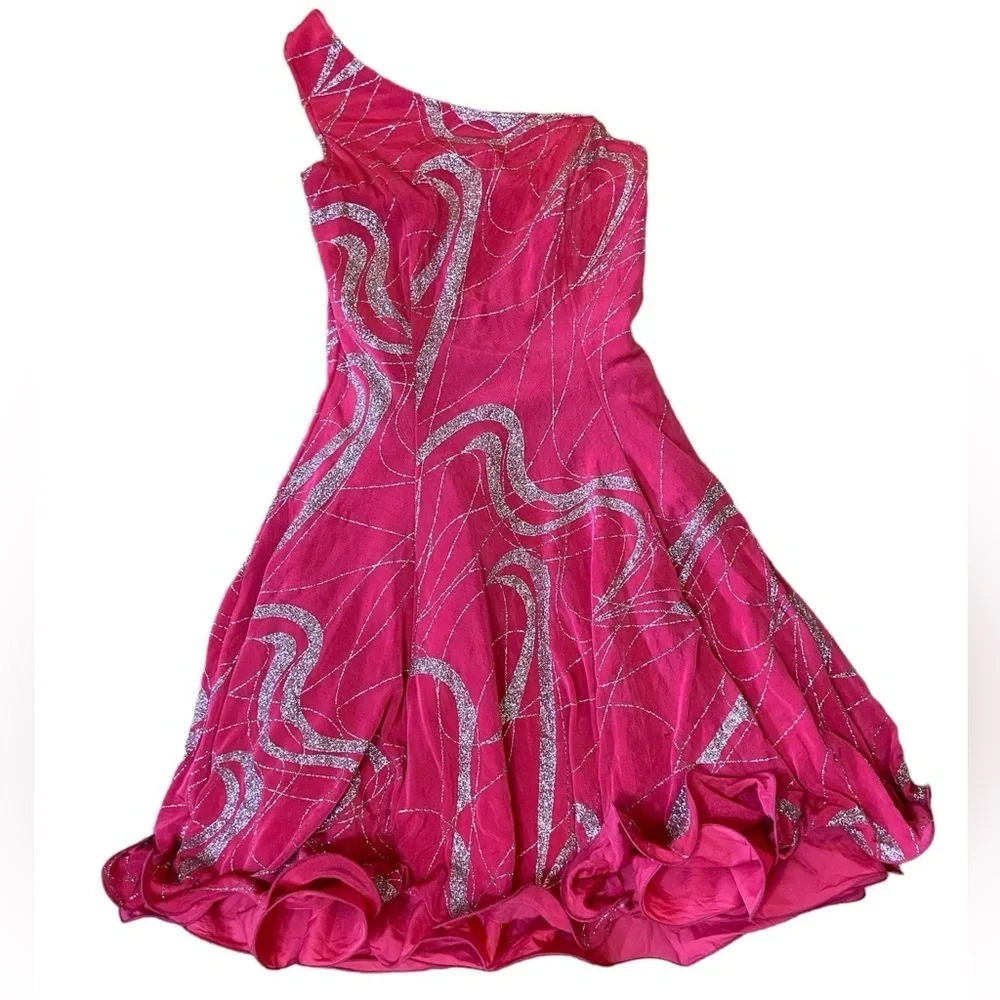 Vintage Rivar's Pink Ruffle One Shoulder Dance Dress 5/6 - Picture 12 of 16
